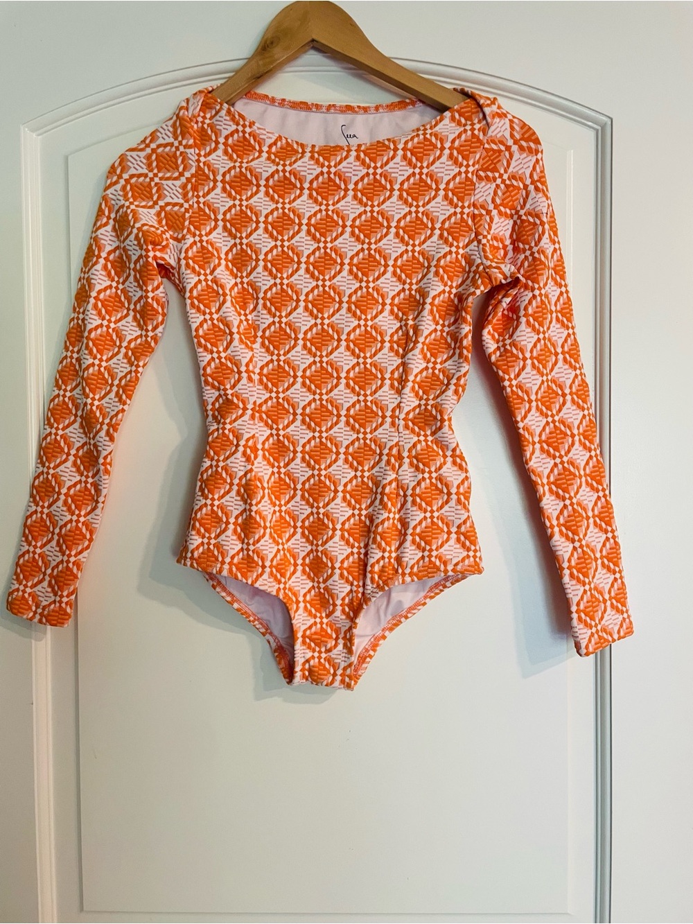 Seea Orange & White Geometric Textured Scoop Neck One-Piece Surf Suit S